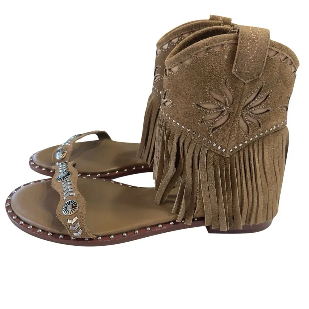 Ash Women's Paquito Fringe Suede Leather Sandal BROWN Western EU 40 US 9.